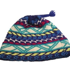 Vintage Ski Beanie Hat Vermont Originals 100 Wool y2k Nordic Tassel Multi Color
