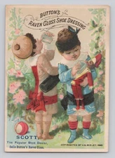 c1882 Trade Card Button's Raven Gloss Shoe Dressing Children Doll Drinking Water