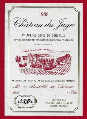 75/53 Etikett Label PREMIÈRES COSTES DE BORDEAUX 1988 CHÂTEAU DU JUGE DUPLEICH