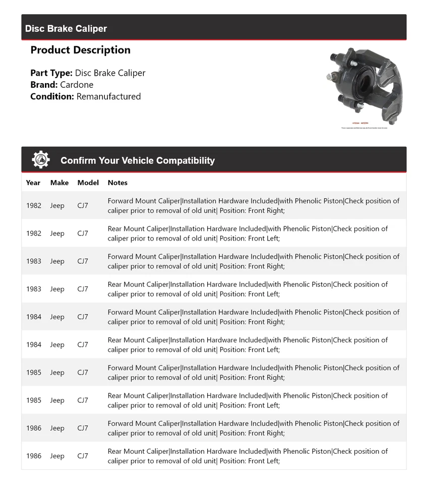 Pinza de freno de disco Cardone 1983 1984 1985 para Jeep CJ7 1982-1986 Foto 2 de 4