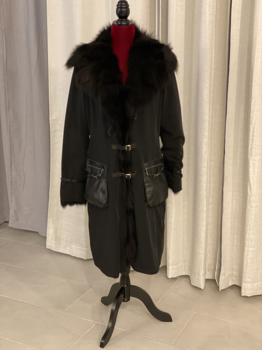 Visconf Italian Black Fox Fur Collar Cuff Down Coat Trench 2 In 1  