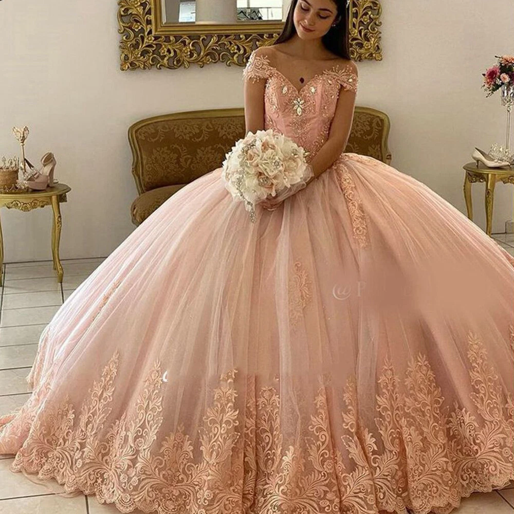 Off-the-shoulder Sleeved 3D Rose Blush Prom Dress - Xdressy