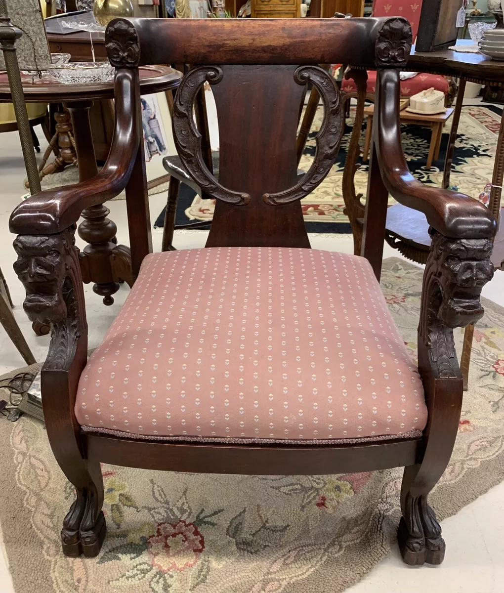 RARE Antique Oriental Style Arm Chair Carved Wooden Lion Heads Claw Feet