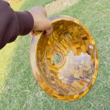 Tiger Eye Stone Wash Basin Sink, Round Hand Wash Sink For Bathroom Decor