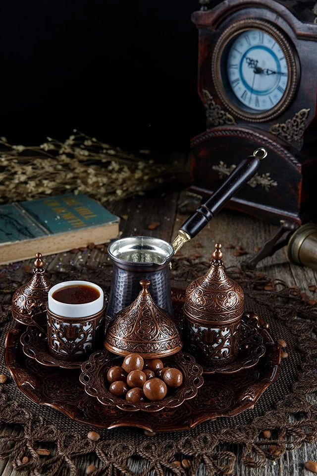 Juego de café árabe griego turco con bandeja azucarero y cafetera de cobre, 12 piezas Foto 3 de 4