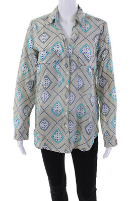 Roller Rabbit Womens Printed Button Down Shirt Beige Blue Cotton Size Small