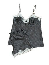 Silky Pajama Sleep Set Camisole Shorts Black Polka Dot Medium