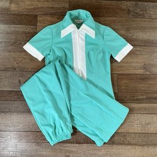 70s VTG Sears Fashions Mint Green Pantsuit Set Womens Sz 10 Zip Top Retro 18028