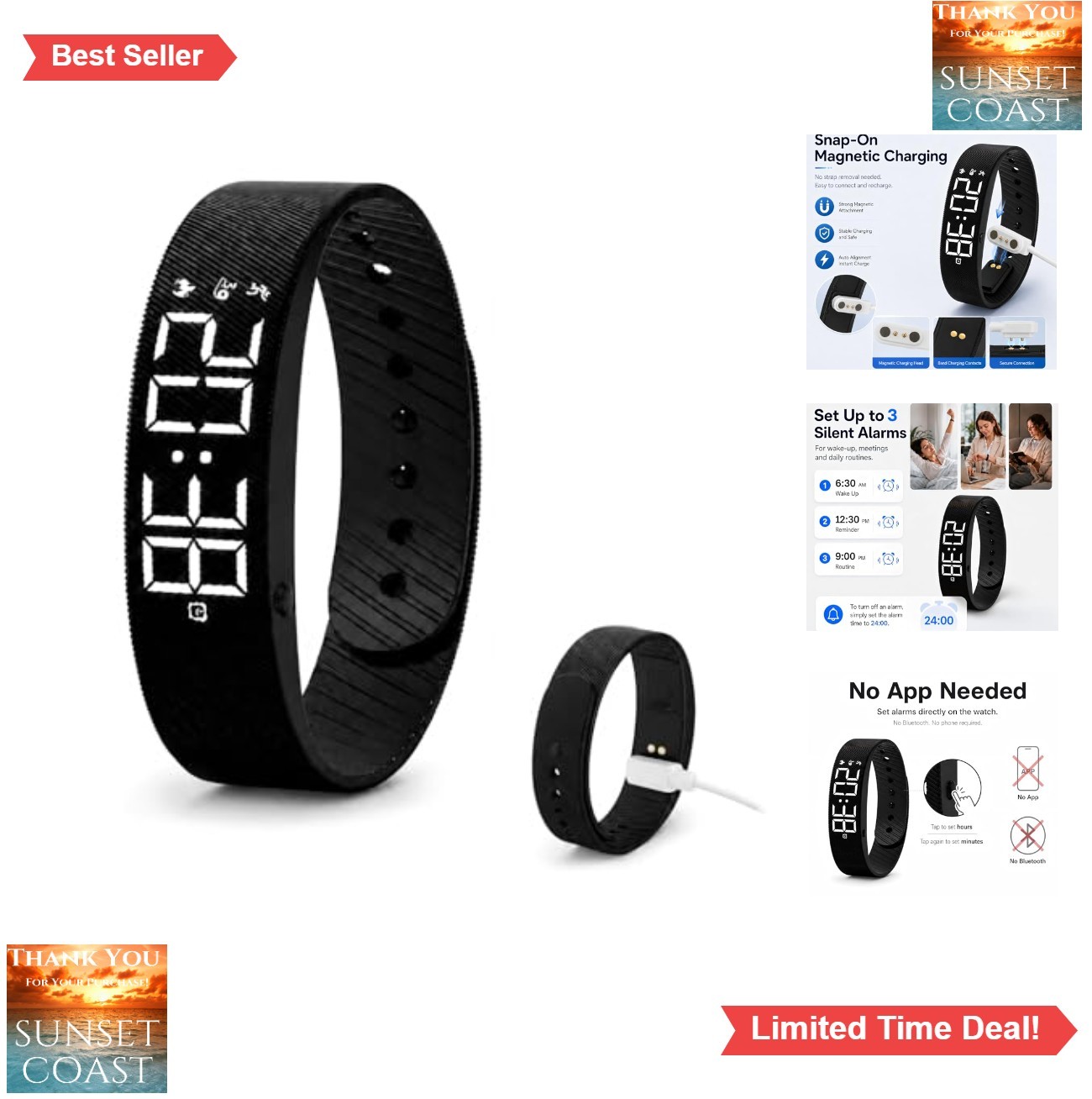 Vibrating Alarm Wristband Silent Heavy Sleepers 3 Alarms Magnetic Charging