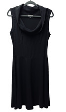 Tahari Arthur Levine 8 Black Fit Flare LBD Dress Cowl Drape Neck Cocktail 90s