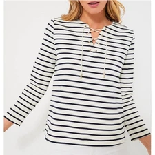 Tuckernuck Manon Popover Top Size XL Navy Stripe Lace Up Cotton Pomander Place