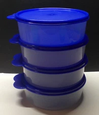 4 Vintage Tupperware 3673 Big Wonder Bowls Clear with Navy Blue Lids 3 Cups