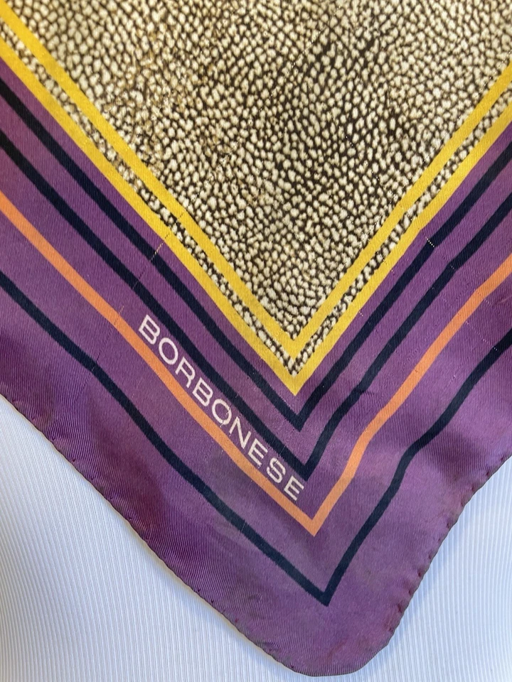 H79#BorbonesE Italia 100% Seda Bufanda Cuadrada Púrpura Rayas y Estampado Animal De Colección Foto 3 de 4