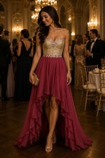 Vintage Rare Sherri Hill Sadie Robertson Pink Beaded Ruffles Hi-Lo Strapless...