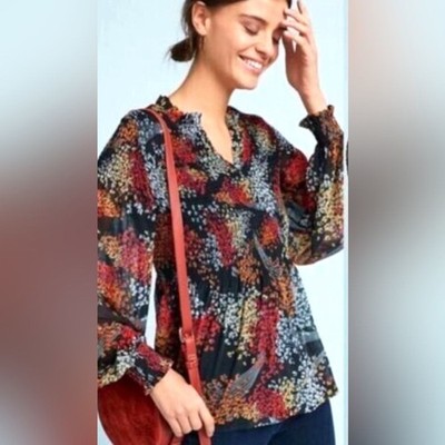 Anthropologie Akemi + Kim Adria Smocked Blouse Top with Abstract Florals Size XS