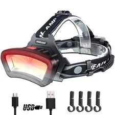 Hard hat Headlamp COB LED Floodlight with Red Light USB Rechargeable 2000 Lum...