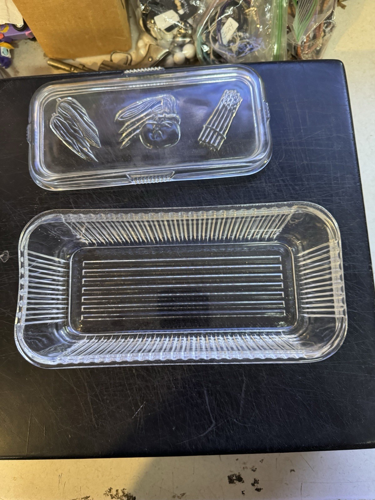 Vintage Federal Glass Clear Ribbed Rectangle Refrigerator Dish W/ Lid Vegetable