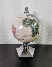 Semi-precious Stone Rotating World Globe Silver Plated Stand Mini Desktop  5"