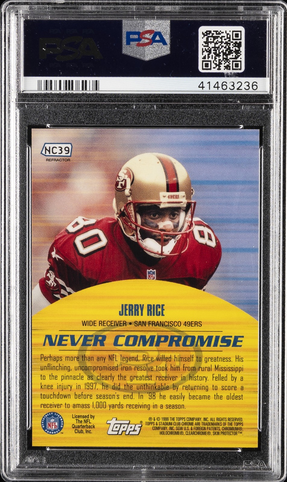 1999 STADIUM CLUB CHROME NEVER COMPROMISE REFRACTOR #NC39 JERRY RICE PSA 10 view 2