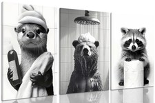 3Pcs Framed Black and White Animal Bathroom Wall Art Humor Bear Bathing Poste...