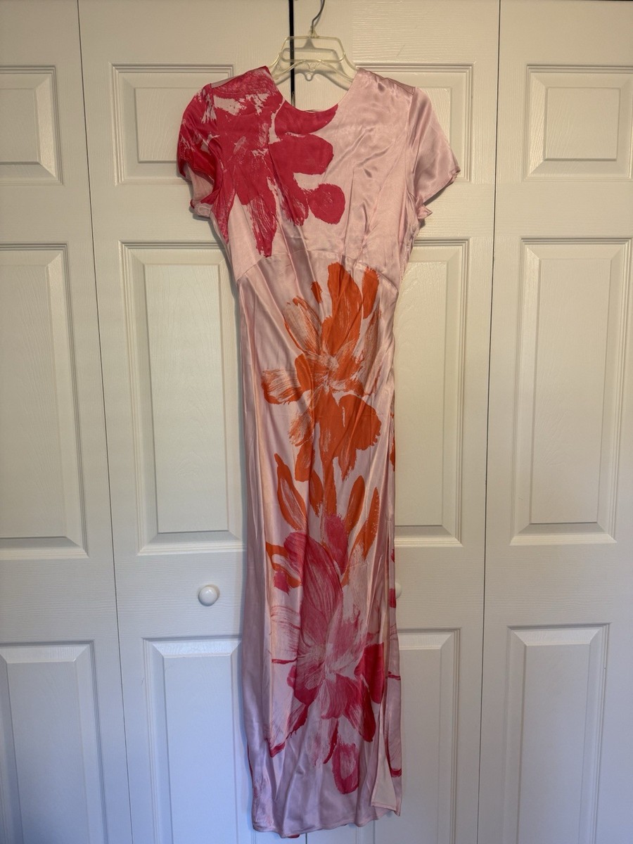 Anthropologie Short Sleeve Floral Satin Maxi Slip Dress Pink Combo NWT Size  S | eBay