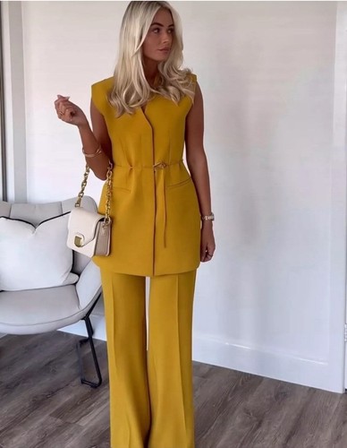 ZARA Mustard Belted Vest Waistcoat & Matching Trousers Co Ord Set Suit Size XS