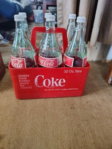 Coke-Coca Cola Glass Six 32 Oz Bottles W/ PLASTIC 6-Pack Carrier Vintage