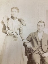 Happy Couple Antique Photo VTG Early 1900s Portrait Hart Michigan Tickner Dress