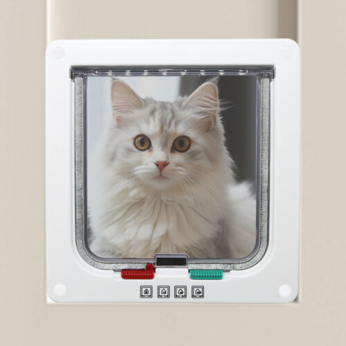 White 4 Way Lockable Pet Cat Safe Security Brush Flap Door Small S-XL Size - Picture 10 of 19