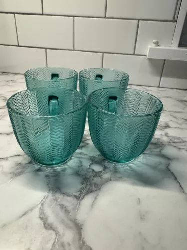 Vintage Arcoroc Herringbone Chevron Teal Tea/Punch Cup - Set of Four