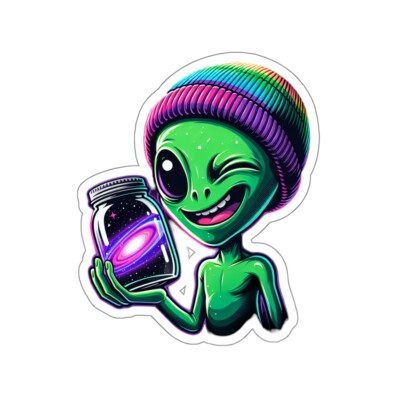 Sticker Playful Alien Winking with Galaxy Jar Beanie 2x2" 3x3" 4x4" 6x6 ...