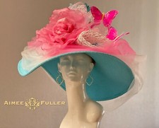 Kentucky Derby Hat Wide Brim Cream Aqua Blue Hot Pink Butterflies Royal Ascot