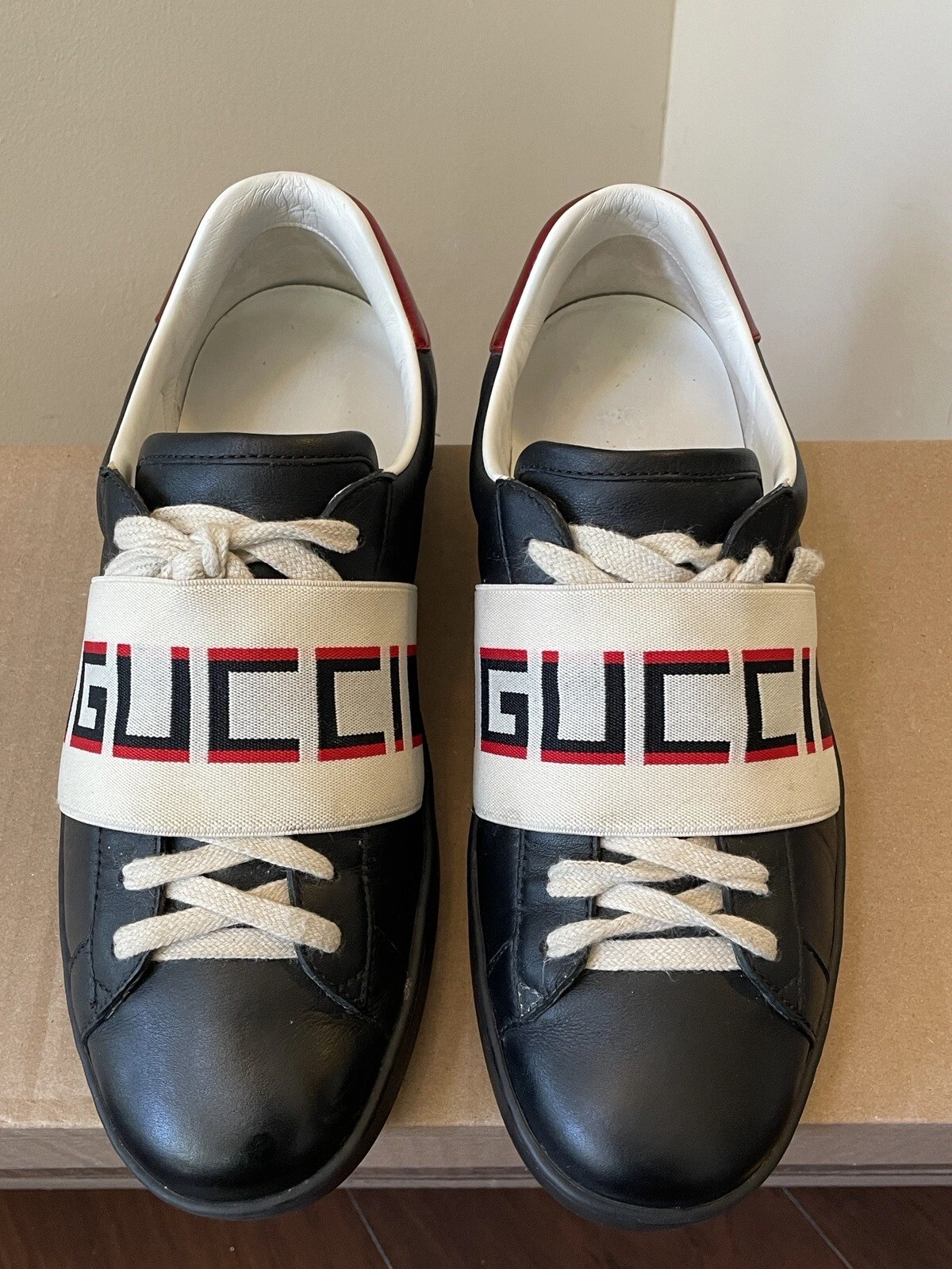 Baskets élastique cuir noir GUCCI Ace hommes 5,5 femmes 7 VOIR LA MESURE