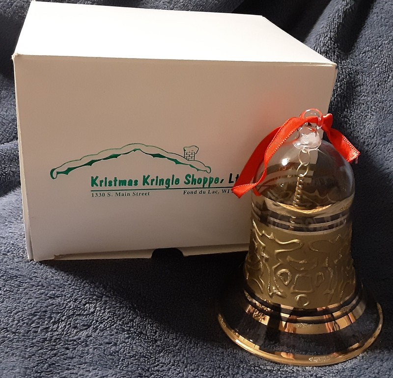 Kristmas Kringle Shoppe Glass Bell, gold trim