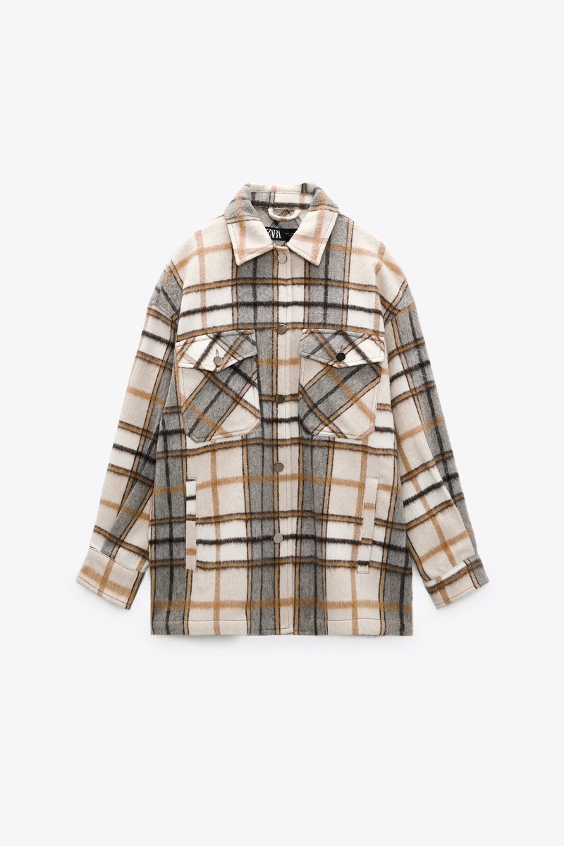 Zara Cropped Zara Oversized Checked Overshirt Trf ZARA Beige Grey