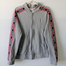 Reebok Womens Gray Classic Logo Striped Zip Up Athletic Bomber Jacket Size L