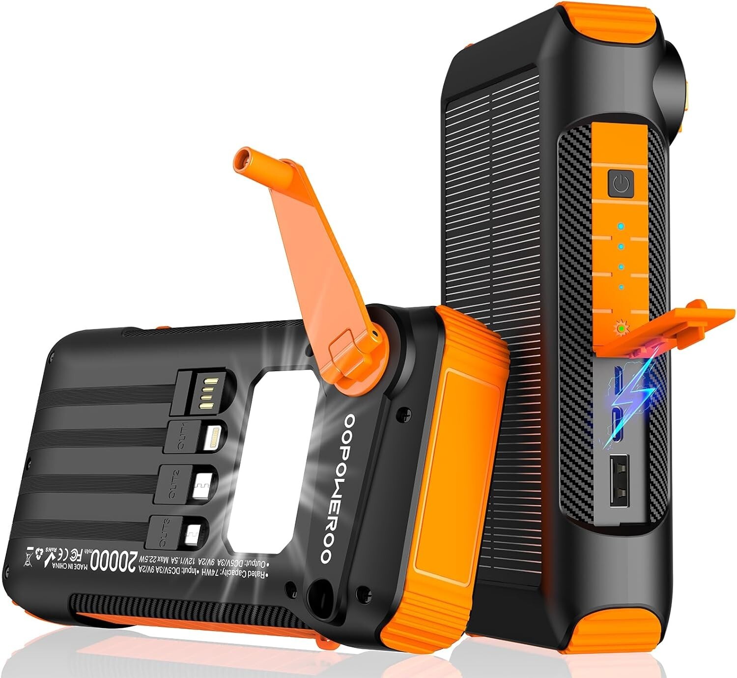 20000mAh Solar Power Bank with Hand Crank & Fast Charge, 5 Outputs/Inputs