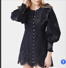 NEW LoveShackFancy Tullia Embroidered 100% Cotton Black Mini Dress Size 10