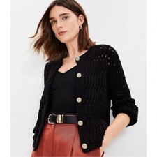 LOFT Black Open-Knit Button-Front Cardigan Sweater Long Sleeve Sz XS