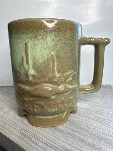 Frankoma Pottery ROAD RUNNER C1 Footed Brown/Green 8oz Coffee Mug Aida Clay