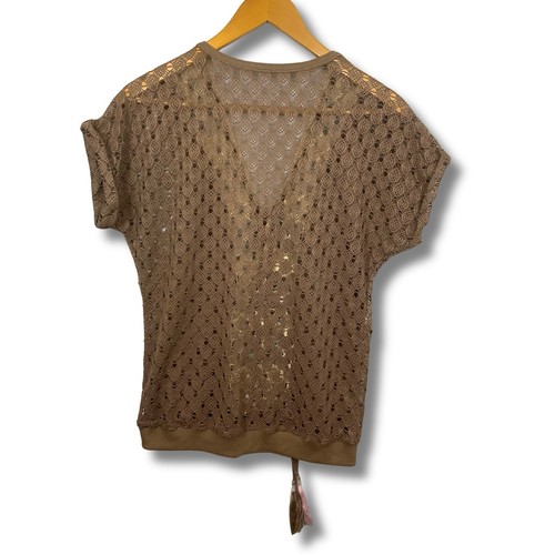 Pullover Boho Tejido Crochet Con Cordones Cuello en V Acento Floral Marrón Transparente M - Imagen 2 de 6