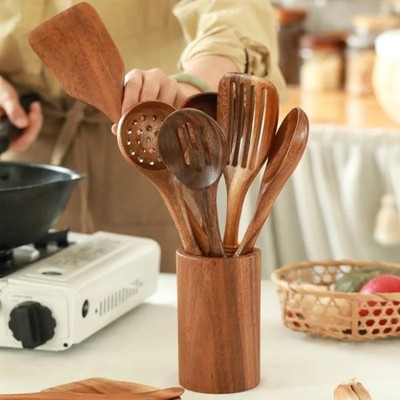 Kitchen Utensil Set 8Pc Wooden Non-Stick Cooking Spoon with Holder