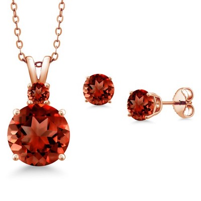 18K Rose Gold Plated Silver Garnet Pendant Earrings Set For Women (5.80 Ct)