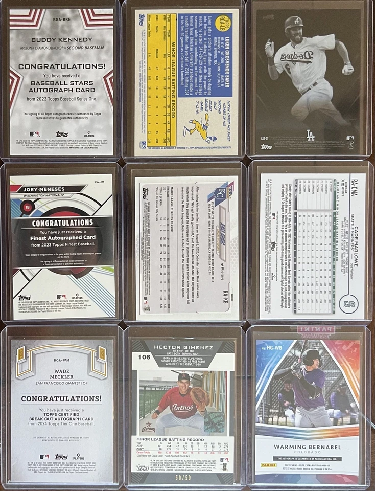 Lote automático de 9 cartas da MLB. Topps, Tier One, Heritage, Clearly, Elite. Autos 6 no cartão! - Imagem 2 de 4
