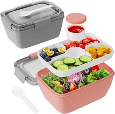 Freshmage Salad Container for Lunch, 2 Packs 68oz Large Salad Bowls with 4 Compa