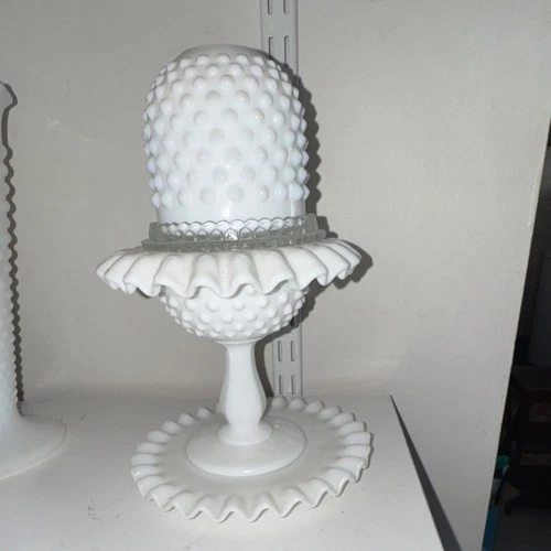 Fenton White Milk Glass Hobnail Candle Holder with Ruffled Edge