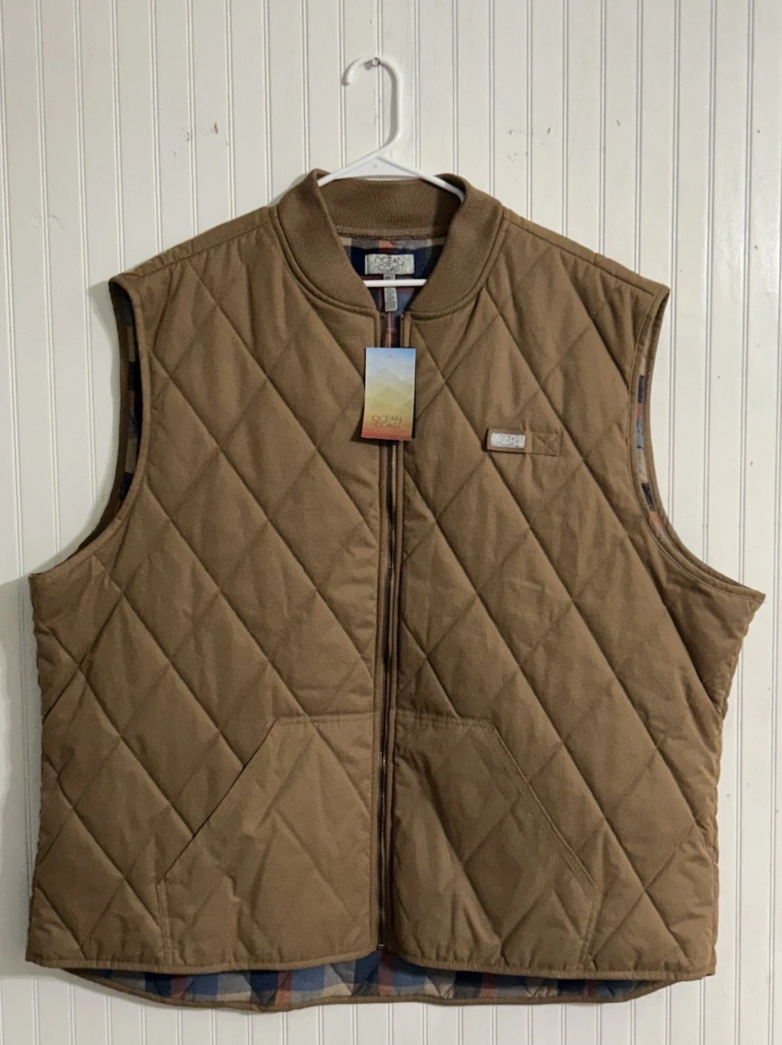 Ocean + Coast Quilted Tan Vest Mens 3XL With Plaid Inner Lining - NEW WITH TAGS!