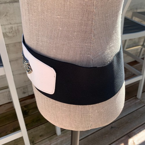 Vintage Wide Cinch Belt L Black Elastic White Silver Buckle Stretch Retro 80s - Picture 5 of 12