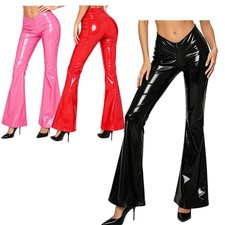 Women Clubwear Faux Leather Flared Pants Bell-bottom Pants Nightclub V-front