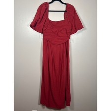 Bohme Red Puff Sleeve Ruched Smocked Midi Dress BHM1111WD Womens Large